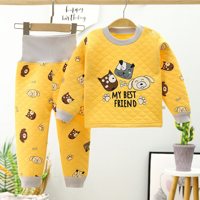 Winter children's thermal underwear set three layers of cotton baby high waist belly protection plus velvet padded autumn pants