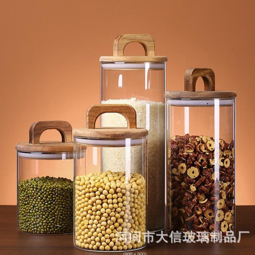 Mango Acacia Tanque sellado con tapa de madera Botella de vidrio con alto contenido de borosilicato Almacenamiento de bocadillos Tanque de almacenamiento de granos de café Lata de té resistente al calor