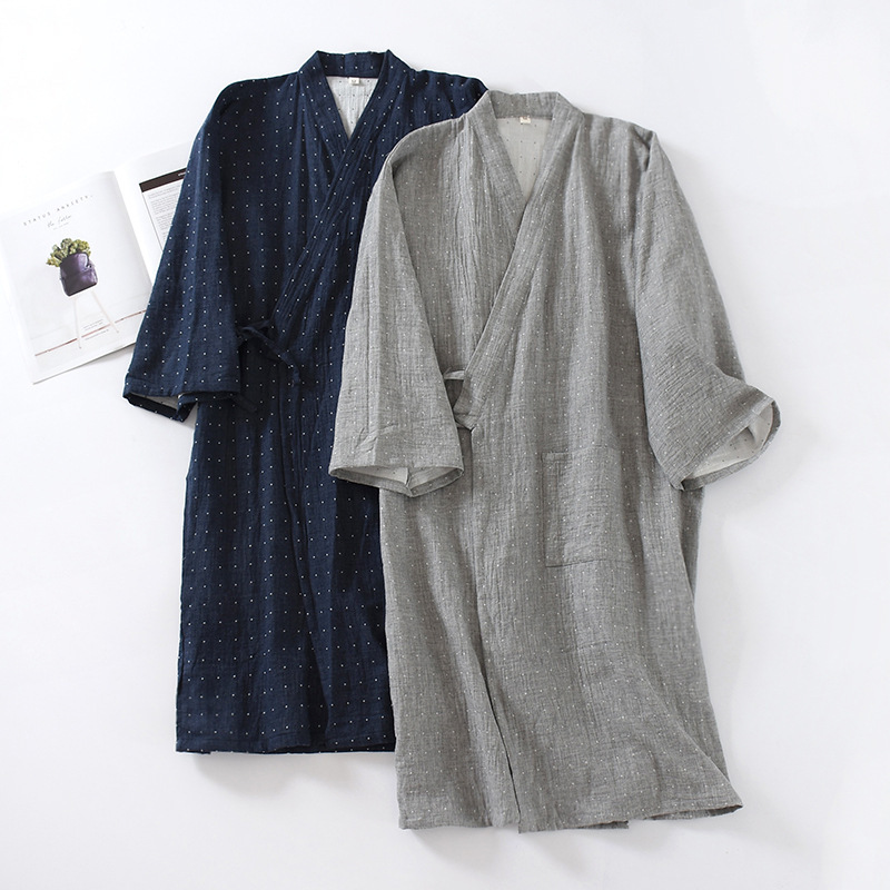 Summer Thin Youth Cotton Gauze Double-Layer Gauze Nightgown Men's Mid-Length Bathrobe Japanese Style Cardigan Bathrobe Simple