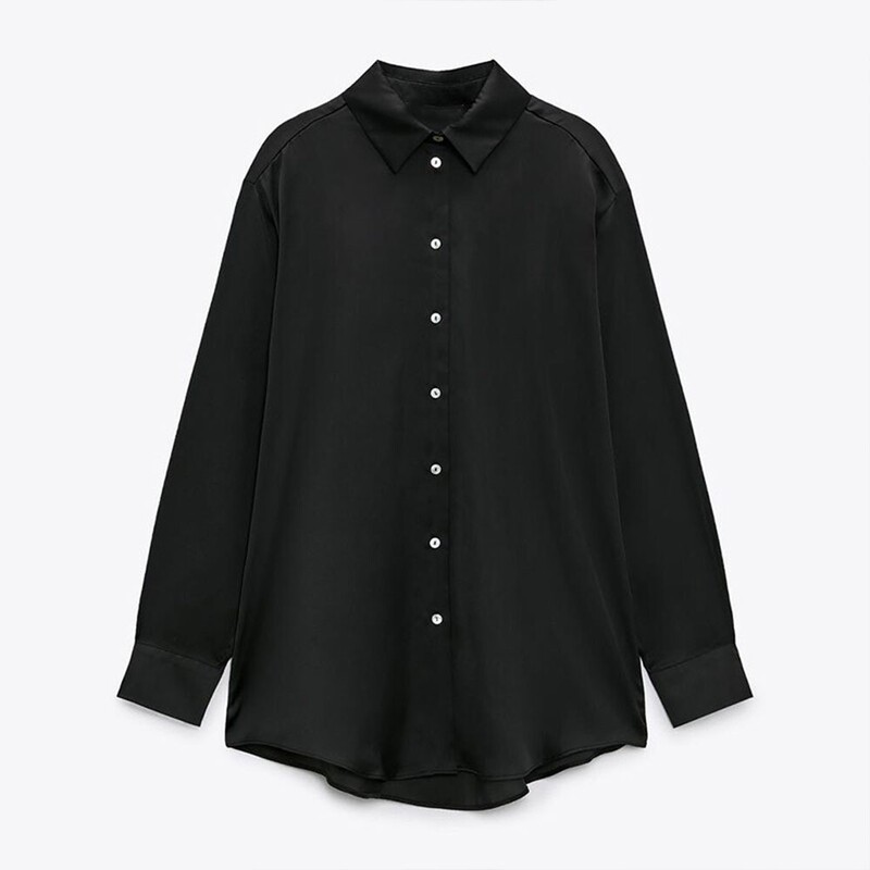 TAOP & ZA3666221 Autumn New Loose Joker Black Silk Satin Texted Shirt 03666221800