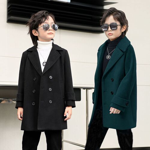 Double-breasted winter coat for boys, stylish plush woolen overcoat, thick children's reversible collar, mid-length woolen jacket