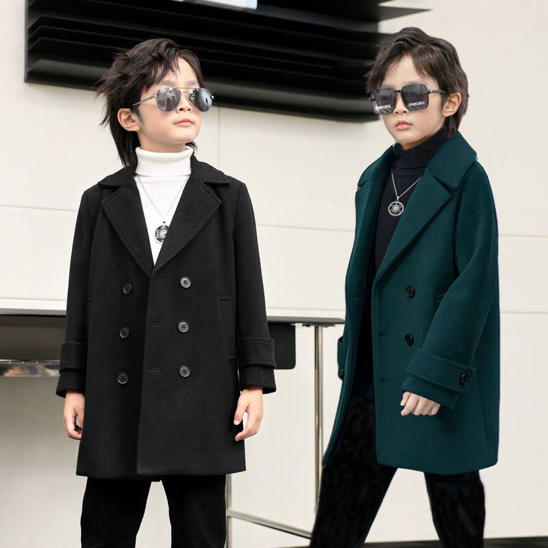 2023 new autumn and winter boys' double-breasted Western style woolen coat thickened children's lapel mid-length woolen coat 2023 new autumn and winter boys' double-breasted Western style woolen coat thickened children's lapel mid-length woolen coat