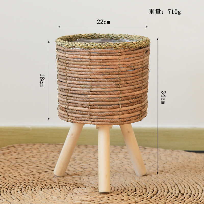 Balcón nórdico de caña decorativo de plantas estante de madera sólida sala de estar tipo piso de paja flor trenzada en maceta bambú trenzado estante