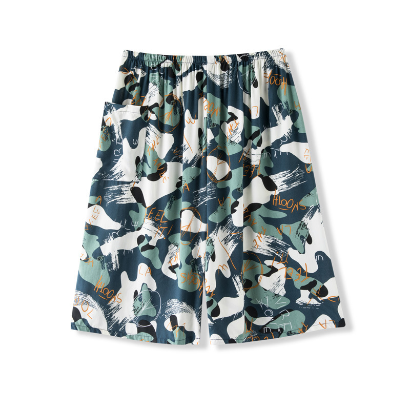 Pantalones de pijama para hombre, pantalones cortos de seda de algodón fino de verano, pantalones de playa de algodón artificial de gran tamaño, pantalones sueltos de cinco puntos para el hogar