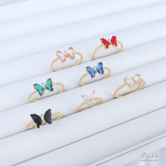 14K gold-plated color-changing zircon butterfly ring, open-mouthed zircon ring, fashionable, light luxury, high-end, delicate, simple, exquisite ring