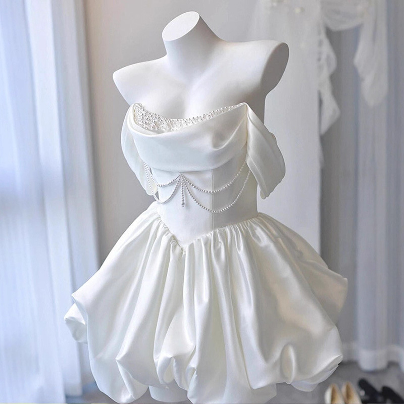 French Satin Light Wedding Dress, Sweet Petite Engagement Dress, Strapless High-End Birthday Flower Bud Dress, Stunning and Luxurious