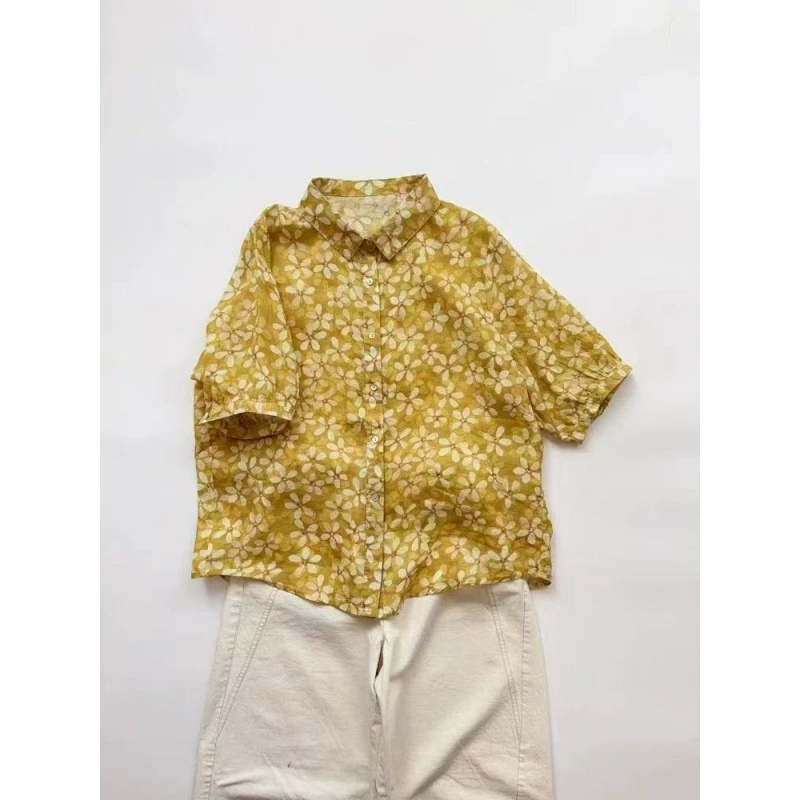 2025 новая желтая цветочная рубашка с диким свободным принтом с короткими рукавами для женского лета