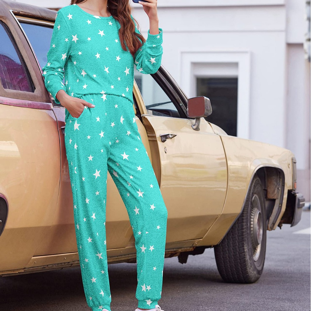 Pijamas con estampado de estrellas para mujer de estilo europeo y americano, pijamas suaves, traje casual de cuello redondo, pijamas con bolsillos, servicio a domicilio