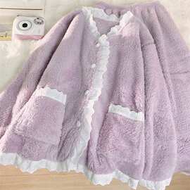 女童睡衣秋冬季花边新款中大童加绒加厚家居服法兰绒套装0009A077