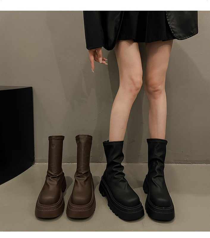 女性用厚底ショートブーツ 2024 秋冬幅広厚底プリーツパイルブーツファッショナブルな小柄な人向けスリムストレッチスリムブーツ|undefined