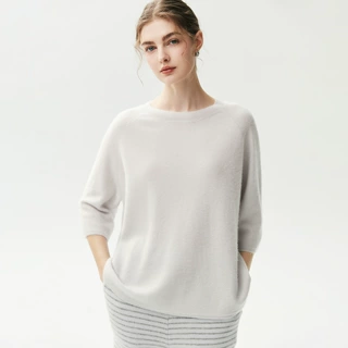 Lekasha cashmere 山羊绒女气质宽松毛衣秋冬圆领七分袖针织衫