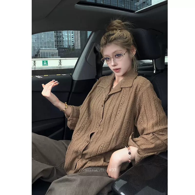 Cuban collar, vintage-style, openwork jacquard long-sleeve shirt for men, autumn American-style, casual and stylish, loose-fitting, breathable shirt/jacket