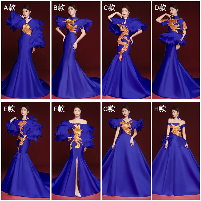 Chinese Style Sexy Evening Dress Blue Feather Performance Dress Women's Stage Show Exaggerated Cheongsam Long Elegant