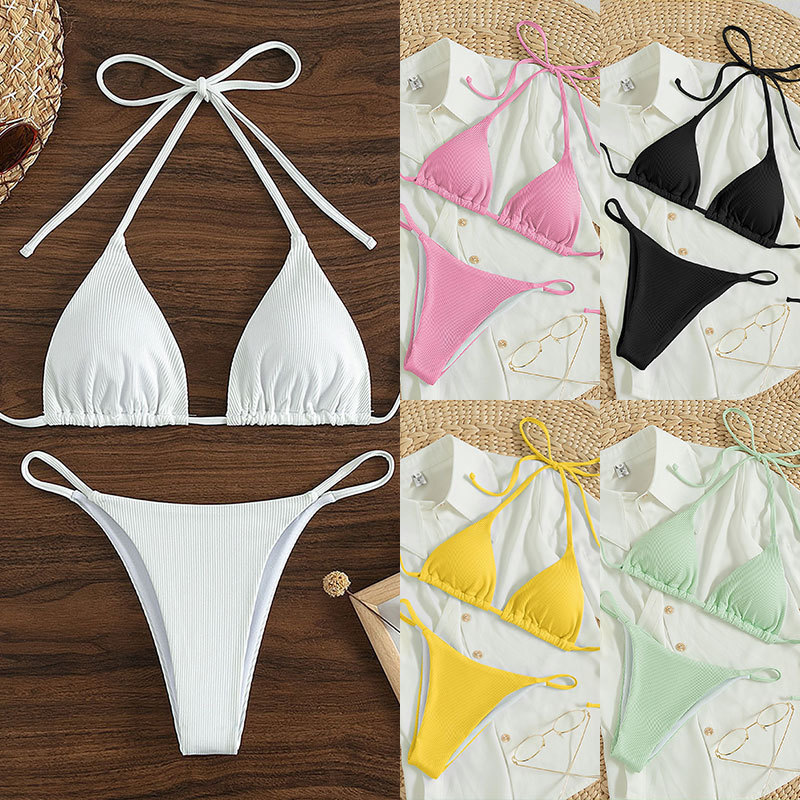 Sexy Bikini Swimsuit, Feminine Three-Point Solid Color Tight Tether Beach Hot Spring Cross-Border Foreign Trade Swimsuit