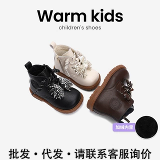 女童真皮加绒马丁靴冬季保暖宝宝软底公主风皮靴加厚棉靴一件代发