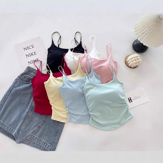 Pure Lust Style Sweet and Spicy Design Pleated Camisole for Women with Breast Pads, One-Cup Inner Wear and Outer Wear Beautiful Back Top for Women