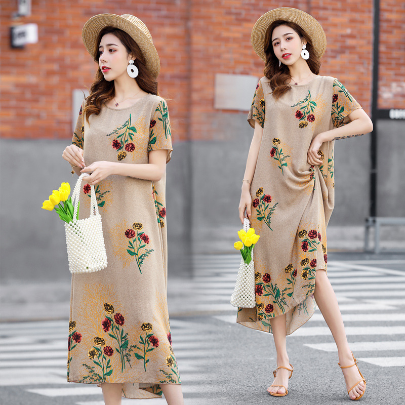 Middle-Aged and Elderly Women's Cotton Silk Dress Summer New Short-Sleeved Skirt Loose Large Size Women's Fashionable Mother's Wear Long Skirt