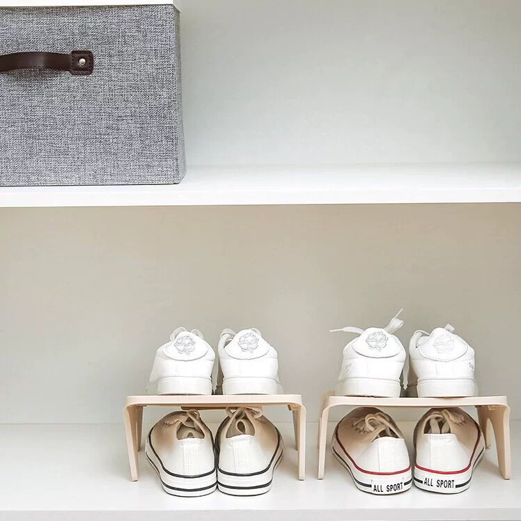 Double-layer plastic shoe rack, space-saving, easy-assembly, available in blue, khaki, gray, orange