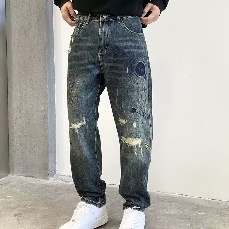 2025 New American Street Fashion Brand Loose Ripped Patch Jeans Men's Retro Distressed Harem Tapered Pants