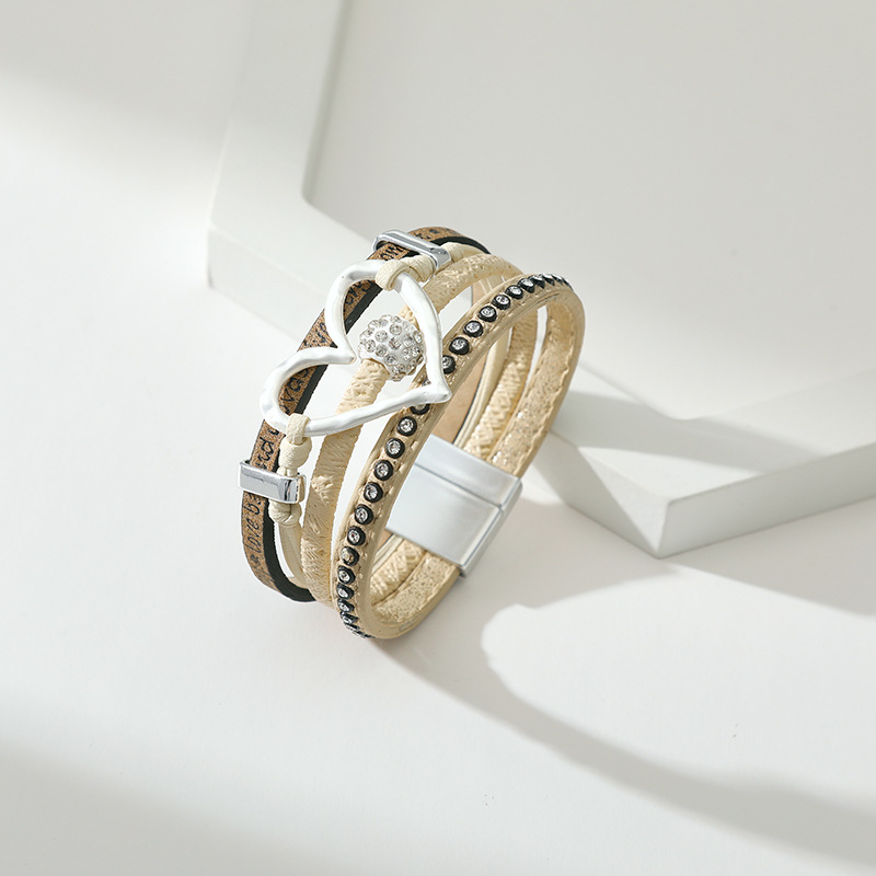 Fashion Heart Shape Pu Leather Inlay Rhinestones Womenu0027S Bangle 1 Piece