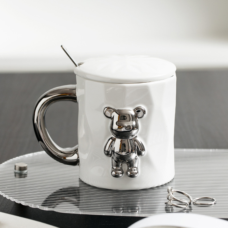 Oso tridimensional ins estilo Taza de cerámica con tapa cuchara personalidad tendencia Internet celebridad chica Oficina beber taza de té