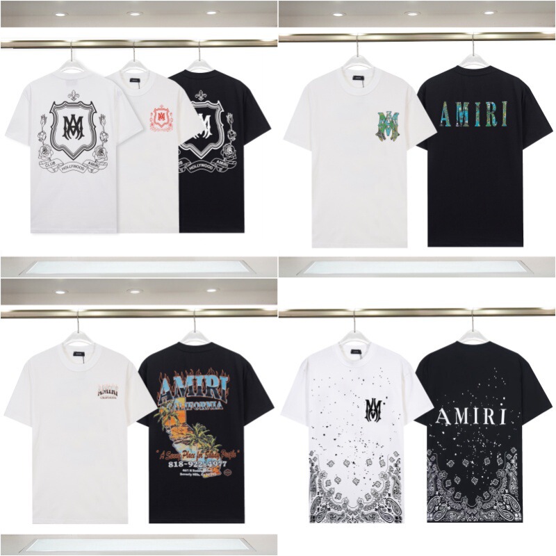 2025 Cross-Border Summer Men's Trendyy Short-Sleeved Amiri Front and Rear Letter Logo Printed Fashion Pure Cotton Short-Sleeved T-Shirt