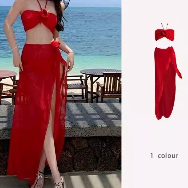 2026 New Style Beach Swimsuit for Women, Long Skirt, Three-Piece Bikini Set, Sexy and Pure, Slimming, Suitable for Vacation and Hot Springs