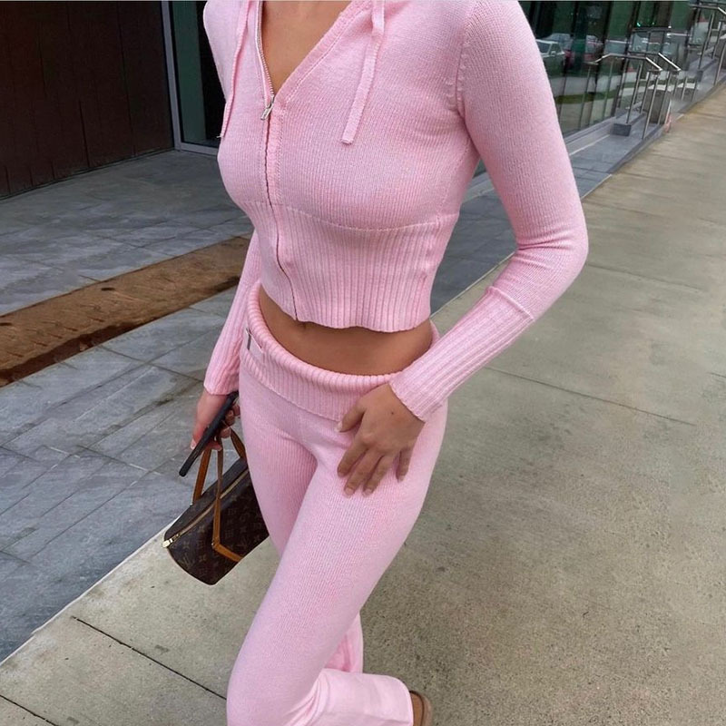 Strick Set Mit Kapuze Langarm Und High Waist Hose Für Damen_voghion.com