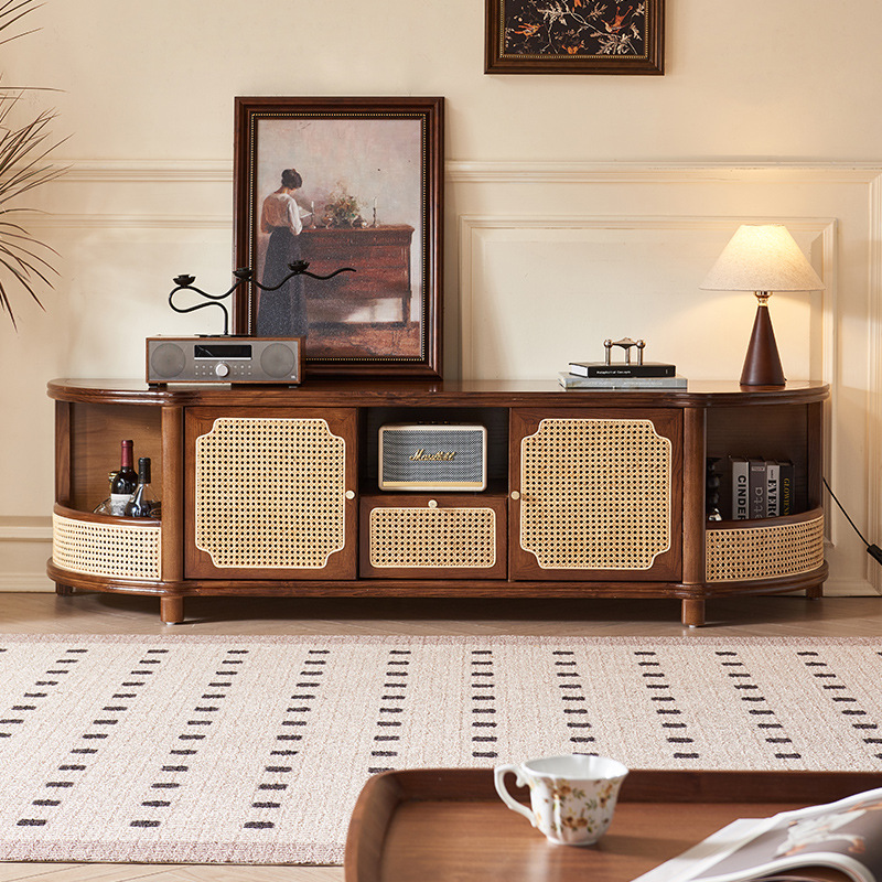 Quiet Style Rattan Solid Wood TV Cabinet Home Living Room Wall Cabinet Homestay Designer Creative Small Apartment Locker