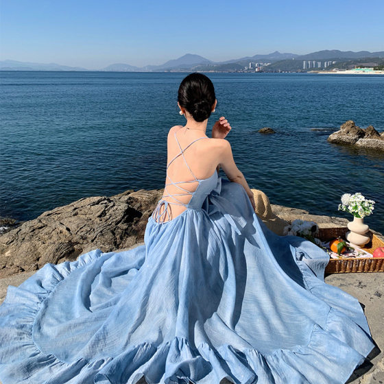 Sanya Tourism Super Fairy Design Sense Blue Pure Desire Holiday Wind Backless Waist Slimming Large Skirt Long Skirt with Strap