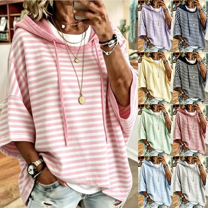 2026 European and American Cross-Border Independent Website Women's New Loose Casual Striped Hooded Three-Quarter Sleeve Sweatshirt Pullover Hoodie