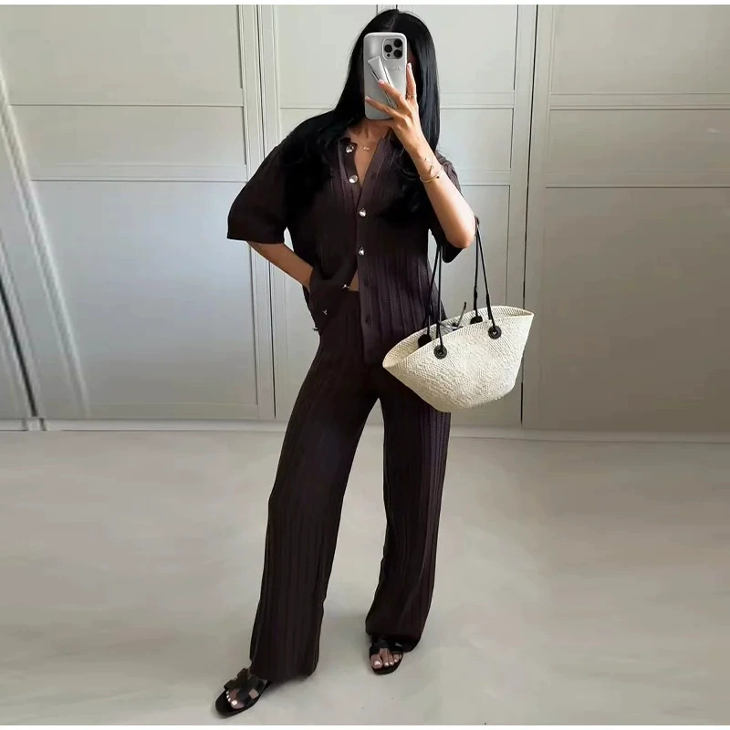 Европейский и американский трансграничный женский костюм весна-лето 2025, повседневный, крючком, с лацканами, кардиган, прямые брюки