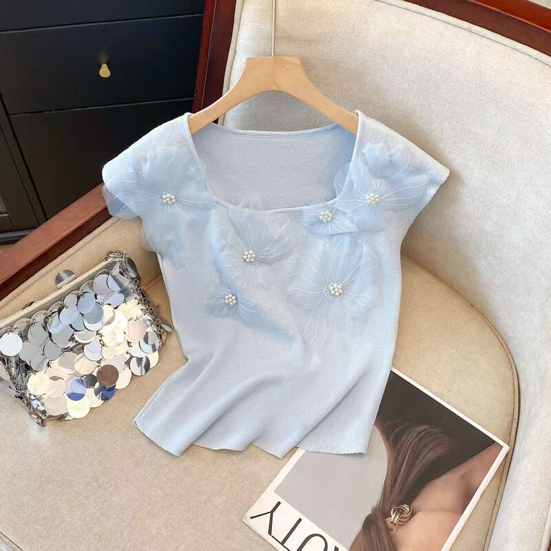Korean Style Heavy Industry Boutique Women's 2025 Summer New Slim-Fit Slimming Three-Dimensional Flower Knitted Shirt Top Ins Korean Style Heavy Industry Boutique Women's 2025 Summer New Slim-Fit Slimming Three-Dimensional Flower Knitted Shirt Top Ins