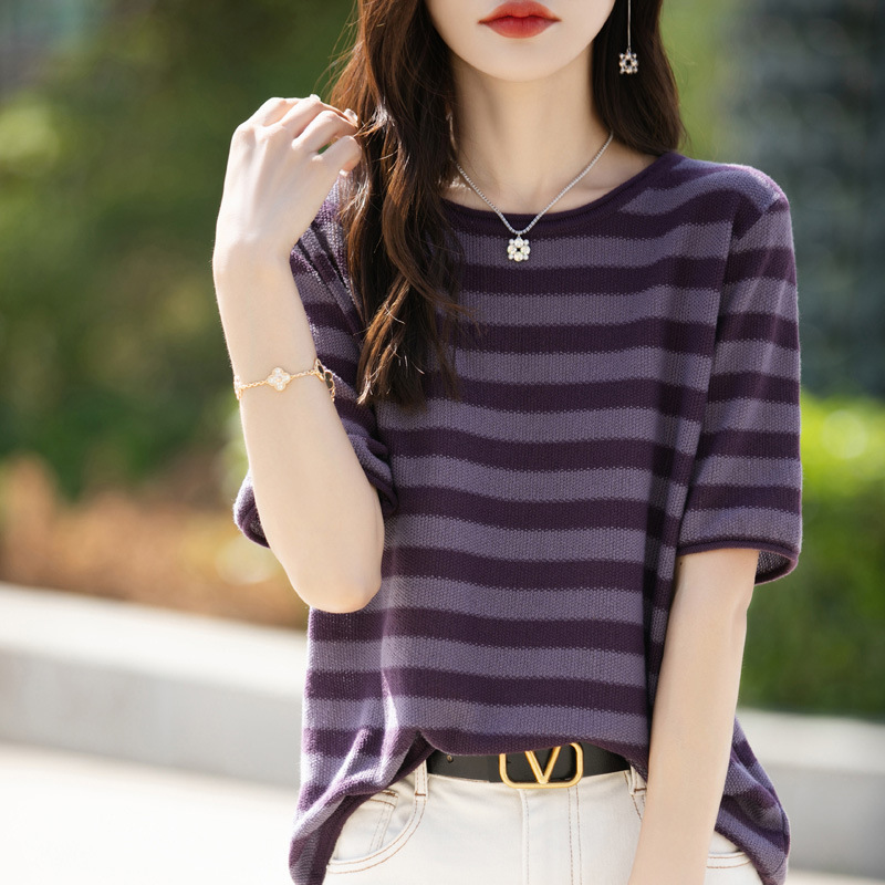 100 CoTTon Round Neck STripesd ShorT-sleeved KniTwear for Women 2024 Spring and Summer Thin ConTrasT Color KniTTed BoTToming ShirT Women's T-shirT