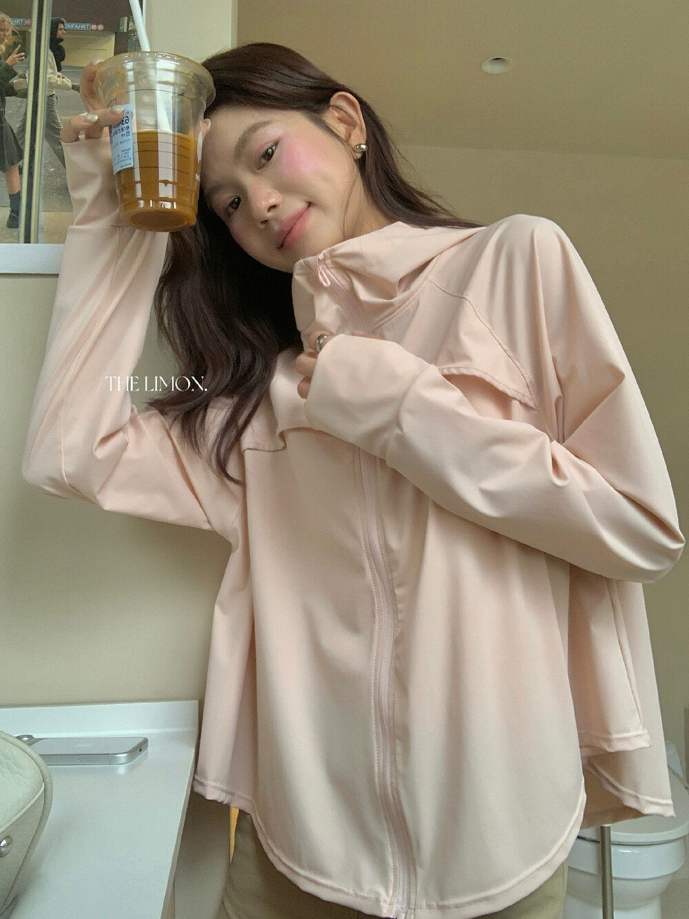 Áo chống nắng nữ dáng dài có mũ kéo khóa tay ngắn phong cách thoải mái — Vàng nhạt, hồng nhạt, màu trắng, màu xám chi tiết 15