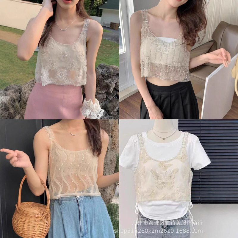 French Style Heavy Industry Sequin Beaded Embroidered Camisole Women's Autumn Pure Desire Wind Perspective Design Chic Top Fashion