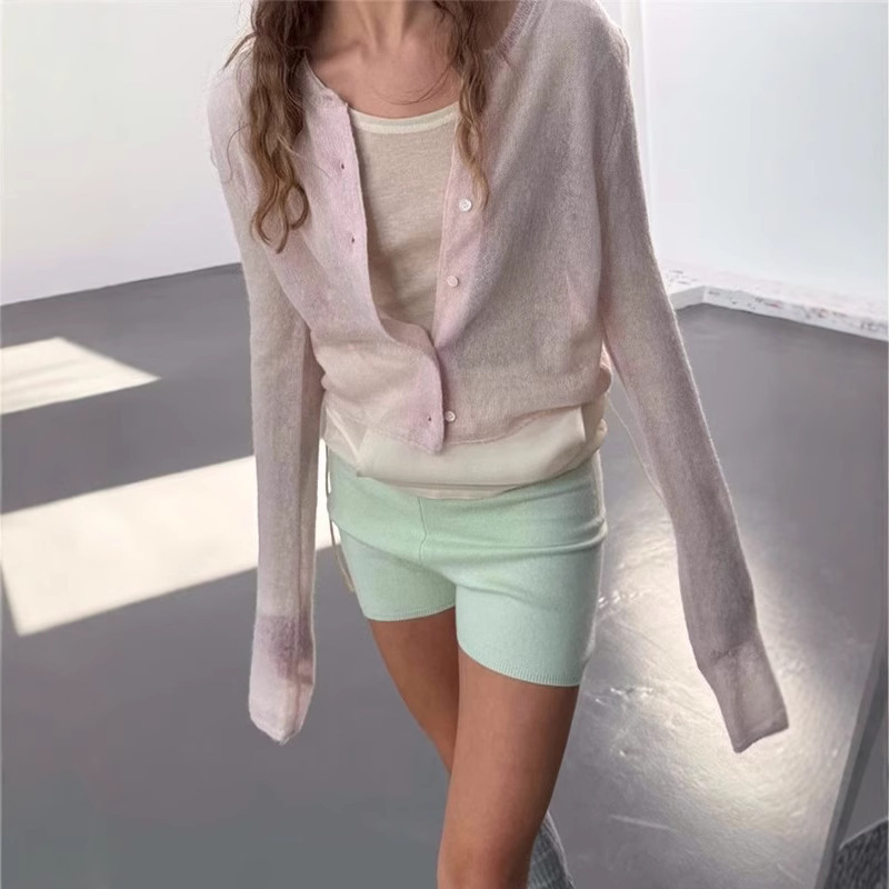 in stock South Korea Dongdaemun vegetable Spring and Summer New Fog Pink Plus Long Sleeve Knitted Cardigan for Women