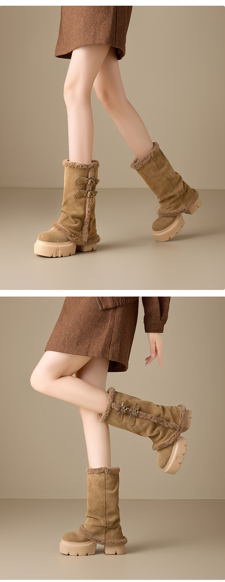 Boot nữ cổ cao ôm bắp chân, đế dày tăng chiều cao 12 cm, lót lông ấm, chất liệu cotton dày màu kaki — nhung đen chi tiết 6