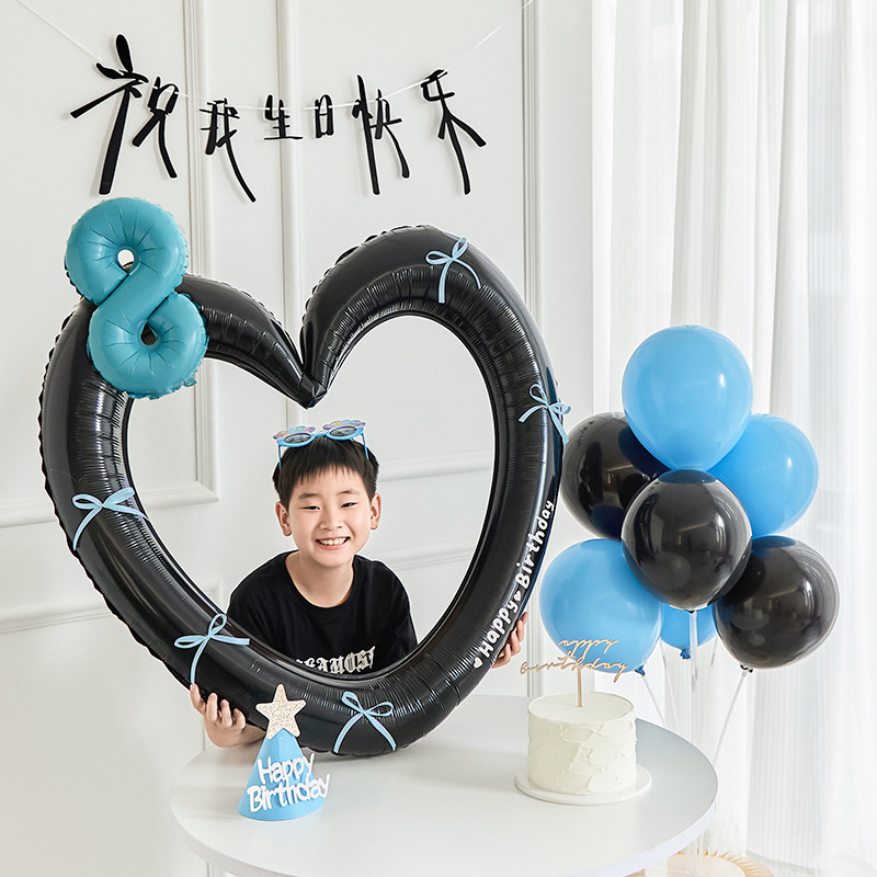 Children's Decorative Cut Out Heart Photo Frame Aluminum Film Boy Birthday Blue One-Year-Old Balloon Photo Props Scene Layout