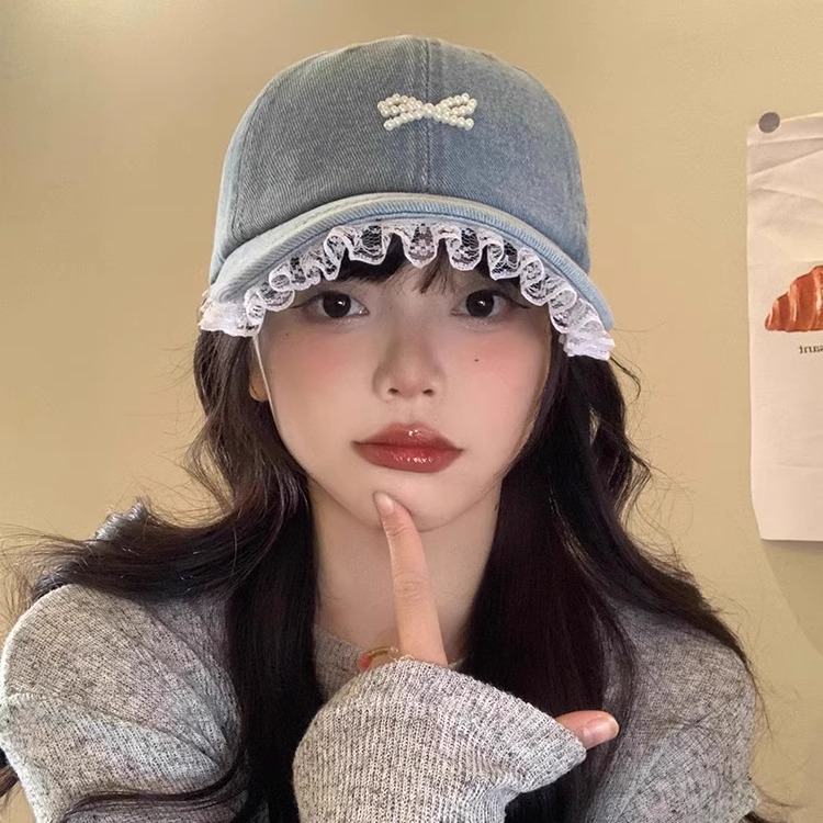 여성 리본 레이스 데님 볼캡 자수 야구모자 대두 커버 얼굴소멸 캐주얼 썸머 캡