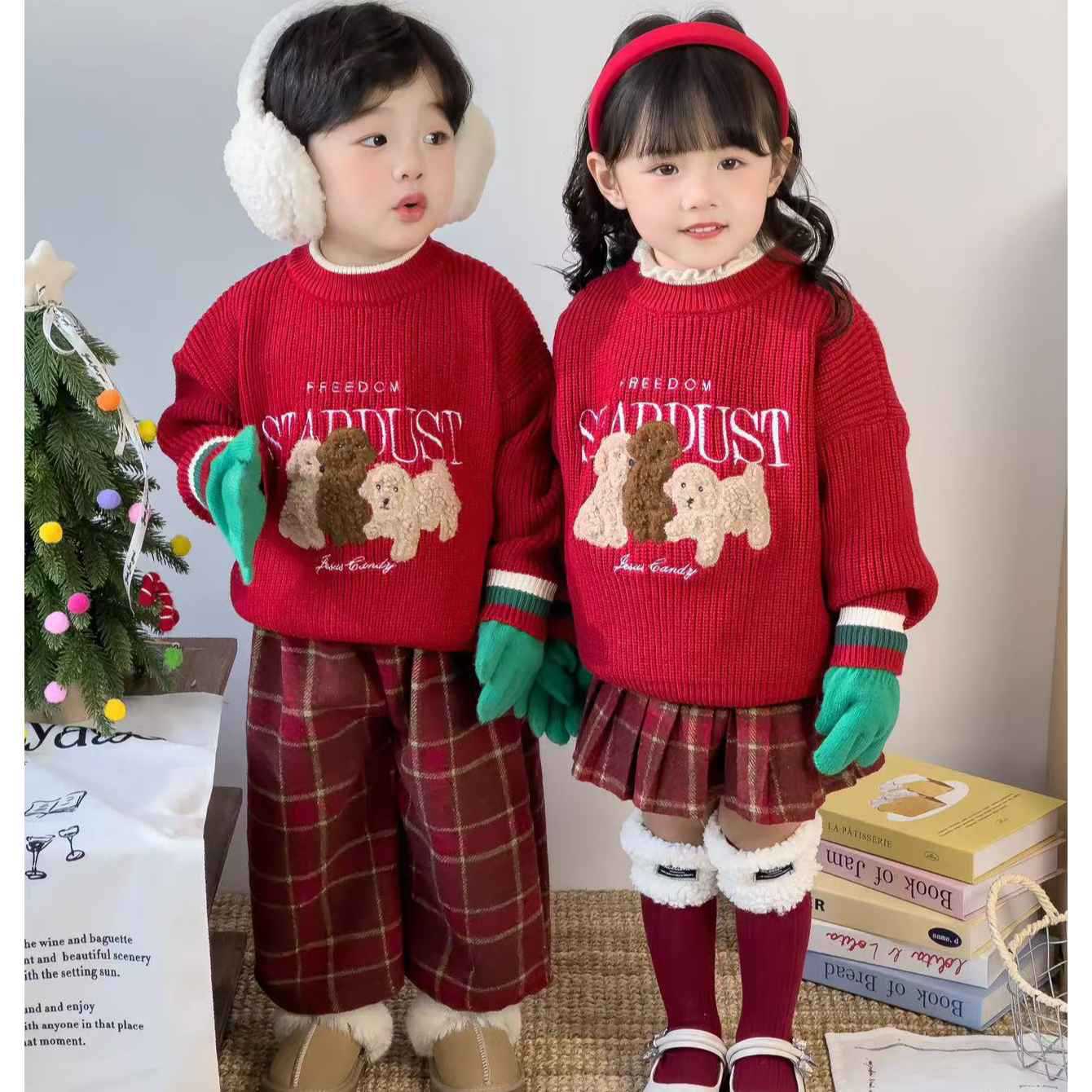 Children's knitted red cartoon festive sweater for men and women