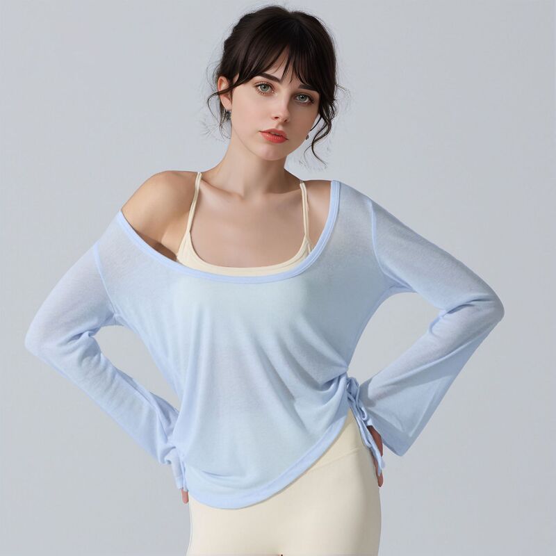 New Style Yoga Wear, Loose Sports Cover-Up for Women, Lightweight and Breathable U-Neck Drawstring Long-Sleeved T-Shirt, Pilates Fitness Top