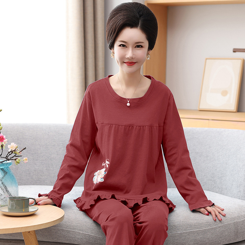 Can be worn for middle-aged and elderly mothers in autumn and winter pajamas women's cotton long-sleeved high-end loose plus size home clothes suit