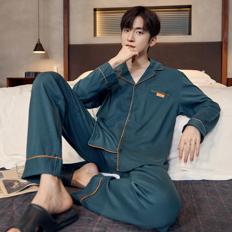 Pijamas de algodón para hombres otoño nuevos pantalones de manga larga Chaqueta de punto solapa traje de hombre casual a rayas simple ropa para el hogar