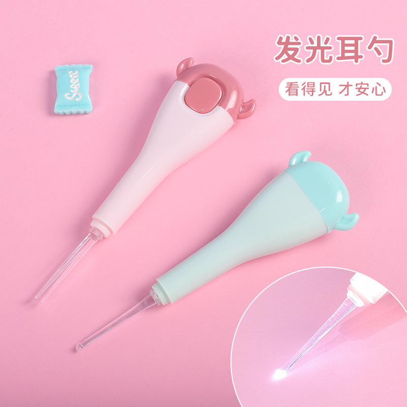 卡通發光牛角挖耳勺紐扣電池家用采耳清潔器寶寶掏耳耳扒單個裝