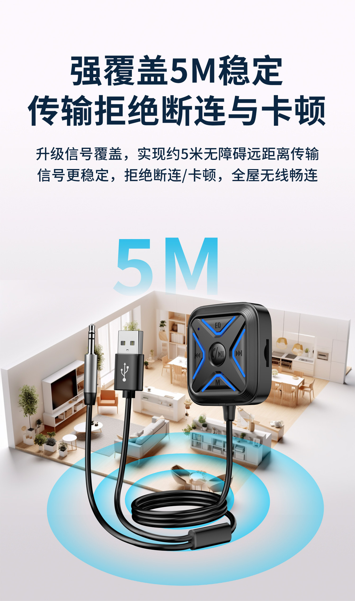 Car Universal Bluetooth 5.3 Receiver Converter, Lossless Stereo Car Audio Wireless Connection, Tf Card Playback