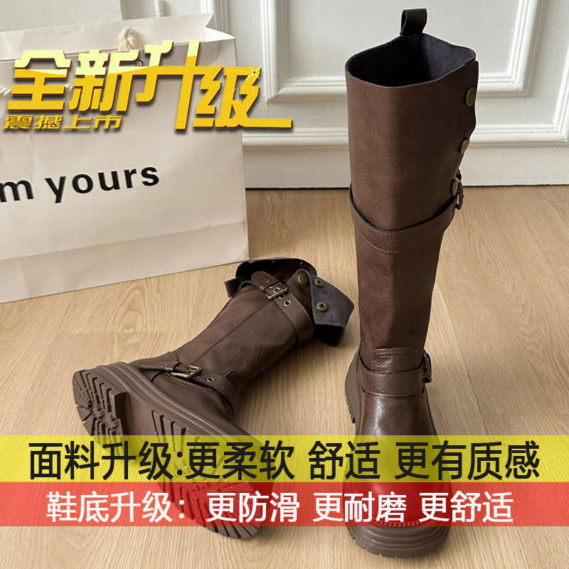 不过膝增高骑士靴子女2025新款秋季黑色复古英伦风粗跟厚底长筒靴|undefined
