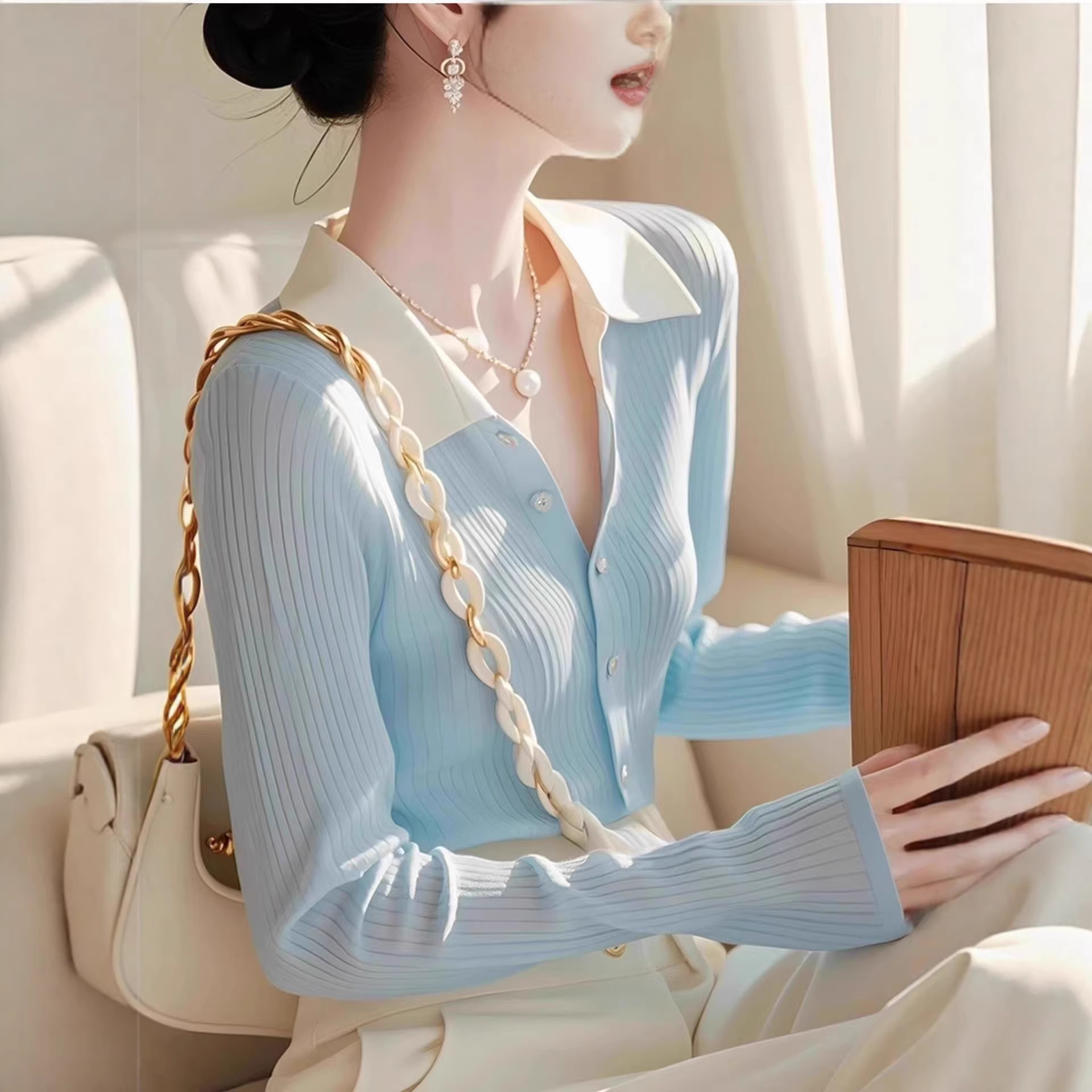 Áo len cardigan nữ tay dài phong cách Hàn Quốc thiết kế cổ chữ V — màu xanh nhạt chi tiết 1