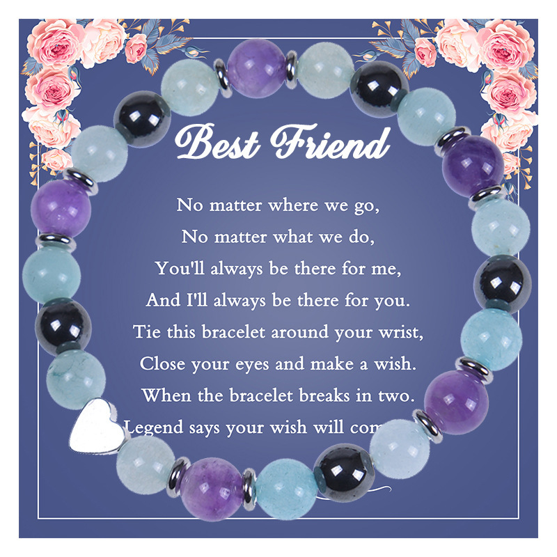 2026 Cross-Border Amazon Hot-Selling 8mm Natural Stone Amethyst Bracelet Heart-Shaped Friendship Bracelet with Card Included