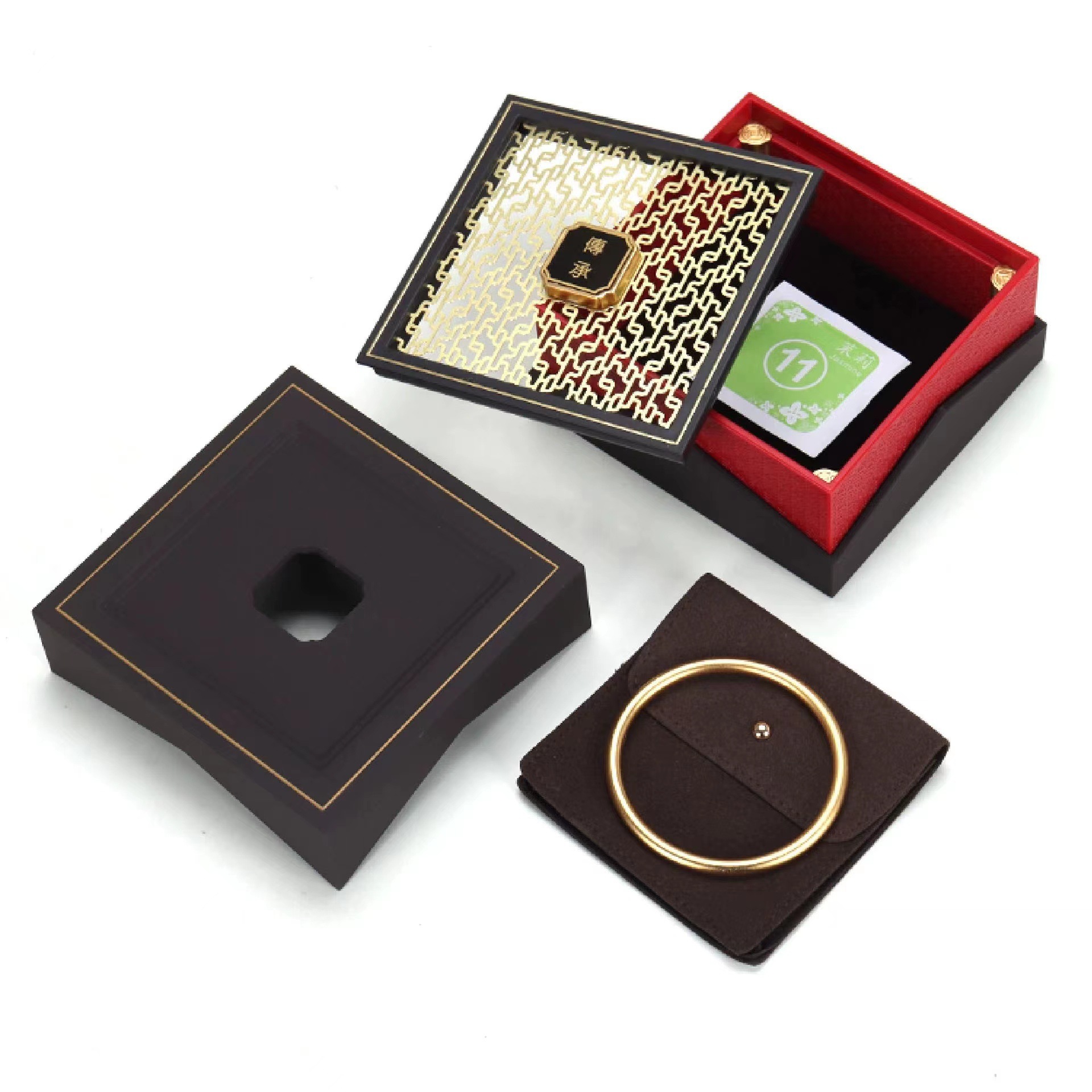 古法金传承盒翡翠素金镯子盒镂空高档内配布袋文玩手串现货批发